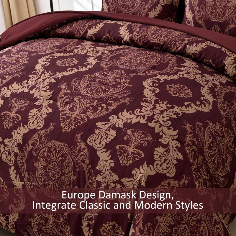 WONGS BEDDING Burgundy Comforter Set King Size  Maroon Damask Texture 7 Pieces Bed in a Bag Polyester Comforter Bedding Sets -1 Comforter  1 Flat Sheet  1 Fitted Sheet  2 Pillow Shams 2 Pillowcases - Image 5